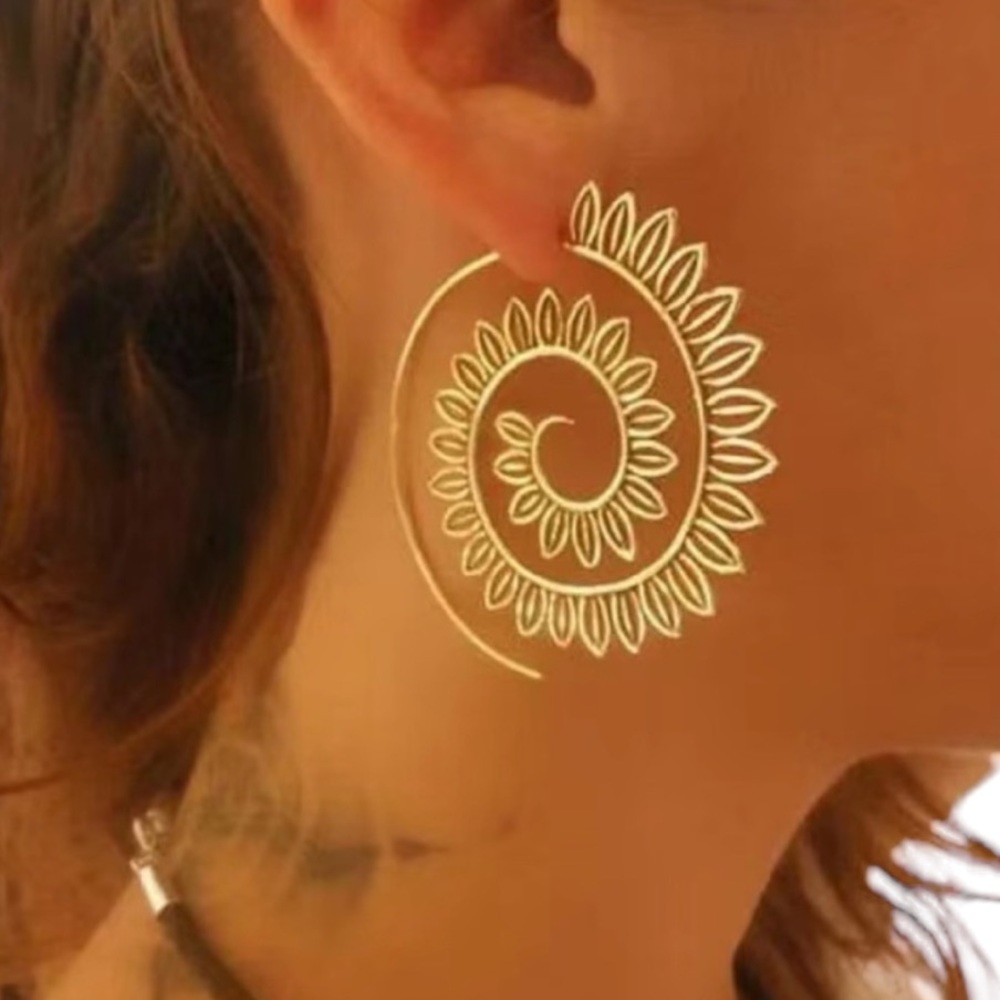 Gold Spiral Floral Leaf Earrings